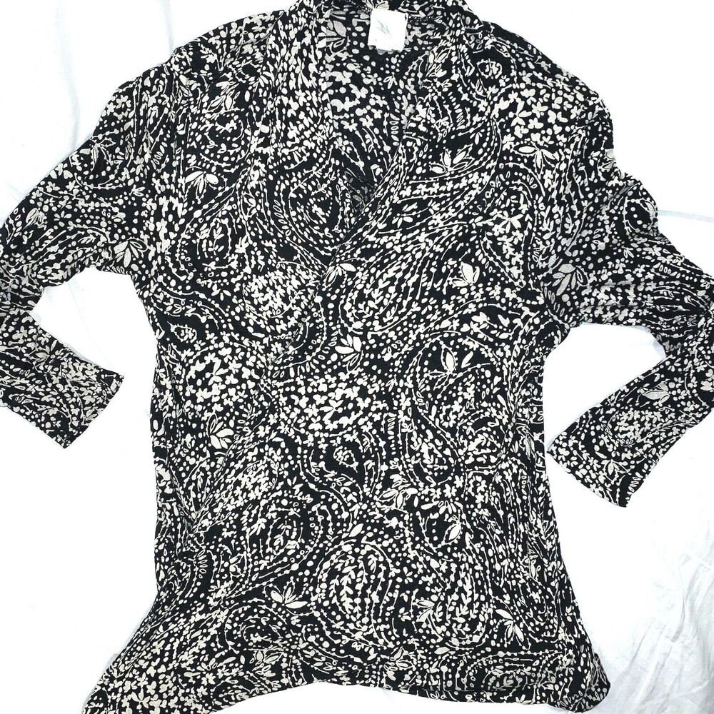Anthropologie Weston Wear Black Paisley Print Wrap Front Top Long Sleeve Sz S